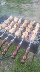 Family barbecue gathering with baby in rural Russia