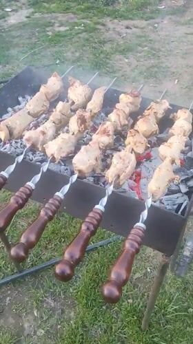 Family barbecue gathering with baby in rural Russia