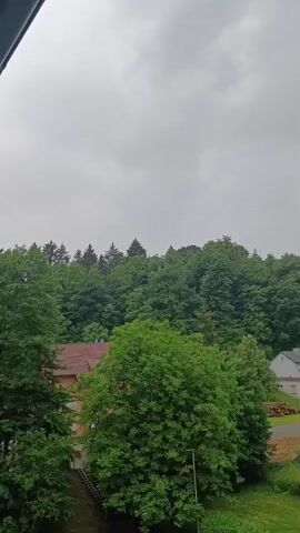 The video presents a slow, horizontal panoramic view of a residential area with lush green surroundings, likely captured from an elevated position such as a window or balcony. The scene is dominated by a heavily overcast, grey sky, indicating cloudy weather, possibly after rain given the damp appearance of some surfaces.

In the foreground and mid-ground, several houses with distinct red tiled roofs are visible, interspersed among numerous green trees. The architecture appears typical of European residential buildings, consistent with the location context of Lahr/Schwarzwald, Germany. One house features a small balcony with a glass railing. Another house displays what appear to be skylights or small solar panels on its roof. To the right, a pile of cut logs is visible near one of the houses, hinting at a semi-rural setting.

The background is dominated by a dense, dark green forest, comprising a mix of coniferous and deciduous trees, further emphasizing the natural surroundings of the area. No people or specific activities are observable, and the scene appears quiet and still. There is no visible text in the video.