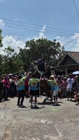 A group of people, some wearing matching colorful shirts, are gathered around what appears to be a horse. The horse is standing on its hind legs, and several individuals are holding onto it, possibly guiding or controlling it. The crowd is observing the scene, with some individuals on the sides of the street. The environment appears to be outdoors, with a paved road and buildings in the background. The sky is visible with clouds.