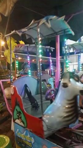 A child is riding a carnival ride at night. The ride has colorful lights and animated characters. The child is wearing a hooded jacket and appears to be enjoying the ride. The background shows a building and trees.