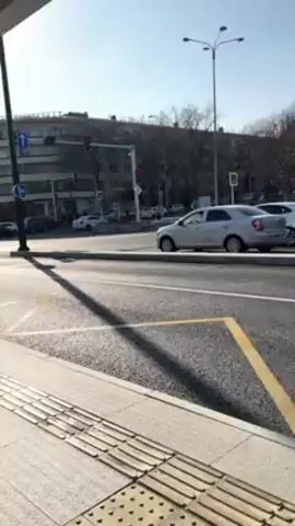 The video is taken from within a bus shelter looking onto a busy road in a city. Cars and a green bus drive by. There is a person partially visible to the left of the frame, looking at their phone. The weather is sunny with a clear blue sky. A building is visible across the road.