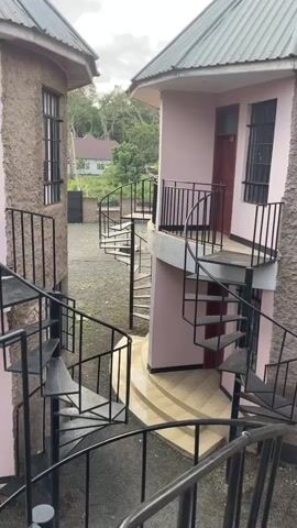 The video shows an exterior view of a building with two spiral staircases. One staircase is pink and leads to a doorway on the second floor. The other staircase is black and leads to the same doorway. The building has rough, textured walls and windows with black bars. There is a green lawn and some palm trees in the background. The sky is overcast.