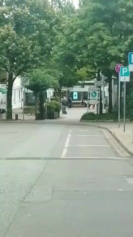 The video shows a street scene with buildings and trees on either side. There are several cars parked along the street, and a few people are walking around. The street is paved, and there are traffic signs and signals visible. The overall impression is that of a typical urban environment.
