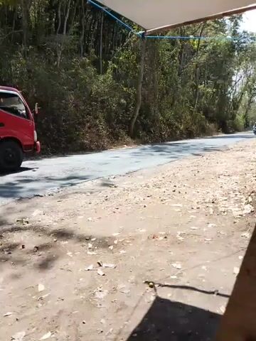 A red and black truck loaded with a large pile of sugarcane stalks drives down a paved road. The road is bordered by a dirt shoulder with some debris scattered on it. To the left of the road is a steep, wooded embankment. To the right of the road, in the distance, a person on a motorcycle is also traveling down the road. In the foreground, part of a makeshift canopy structure made of fabric stretched over poles is visible. The sun is shining brightly, casting shadows.