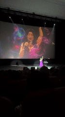 Musical concert featuring purple-dressed performer draws audience in Novosibirsk theater