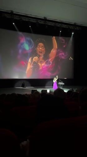 Musical concert featuring purple-dressed performer draws audience in Novosibirsk theater