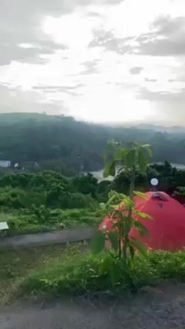 The video pans across a campsite overlooking the ocean. There are four tents in view, mostly red, but one blue. The tents are pitched on a grassy area near a paved path. In the background, there is a forested area leading to a beach, and in the water, there are rock formations. The sky is overcast, but there is some light peeking through the clouds. The overall scene is calm and peaceful.