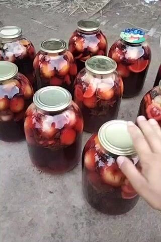 The video shows a collection of glass jars filled with a preserved food item, likely fruit such as plums or cherries, in a dark liquid. The jars have metal lids, and some have patterned paper covers on top. Several jars are arranged on a rough, outdoor surface, possibly dirt or gravel. A person's hand, with fingernails painted red, is visible reaching out and touching the lid of one of the jars. In the background, there is a rustic outdoor setting with a wooden structure, possibly a shed or lean-to, with items of clothing hanging on a fence and hay or straw scattered on the ground. The overall scene suggests preparation or storage of preserved food in a rural environment.
