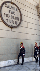 Ceremonial guard performs formal march at historic Buenos Aires building