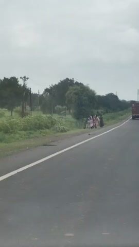 A group of people are walking along the side of a road. The group appears to consist of six women and one man. The women are dressed in traditional Indian clothing, and some are carrying bags. The man is wearing a white shirt and a red turban. The road is paved and has a white line down the center. The area beside the road is grassy with trees in the background. The sky is overcast. There is a truck visible in the distance on the right side of the road.
