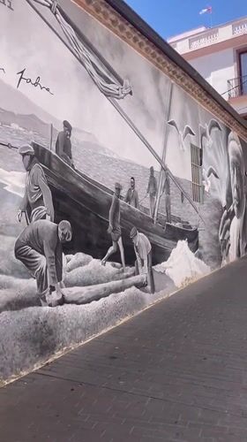 Maritime mural featuring fishermen documented in Badalona, Spain