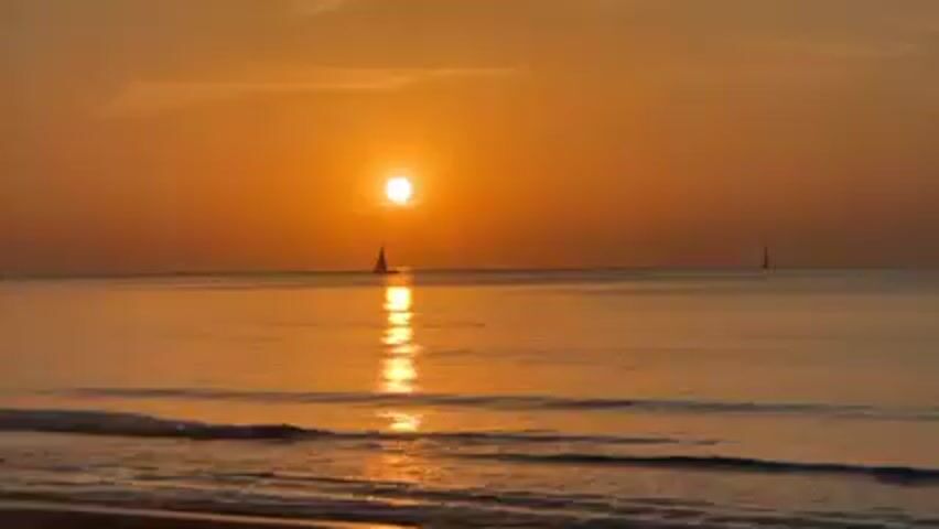 The scene shows a beach at sunset. The sky and water are various shades of orange and gold, reflecting the setting sun. There are a few small sailboats in the distance. Gentle waves are lapping on the shoreline. The sand on the beach is visible in the foreground. The overall scene is calm and peaceful.