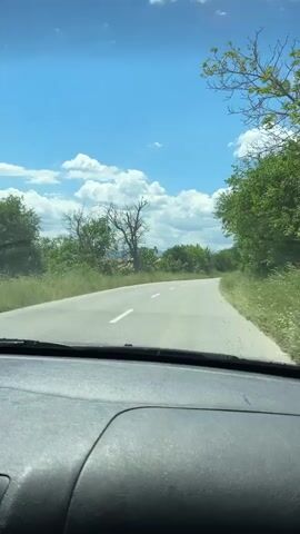 The video shows a car's dashboard view of a scenic road. The road is gray asphalt with a white dividing line, winding through lush green vegetation. Trees and overgrown grass line the sides, contrasting with the clear blue sky dotted with fluffy white clouds. The camera angle is slightly shifted to the right, and music is playing in the background.