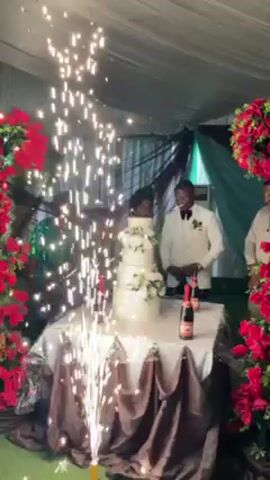 A wedding celebration occurs inside a tent. A bride and groom stand behind a four-tiered white cake on a table adorned with a light-colored table cloth. Two bottles of unopened rose wine are also on the table. The table is framed by an arch of red roses. Two silver fireworks erupt on either side of the table, creating a cascade of sparks. Two men stand on either side of the couple, appearing to be guests or wedding party members. The tent is draped with a translucent white cloth and dark green fabric in the background. The bride wears a white dress and the groom a white suit with a black bowtie. A man wearing a party hat walks into view on the groom’s side.