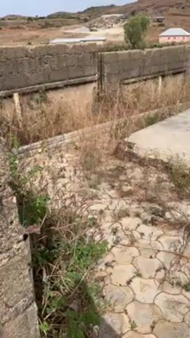 The video shows a large grave, which the speaker states contains the remains of 501 Christians. The grave is outdoors, partially enclosed by a short wall of concrete blocks. The surrounding area is mostly barren with dry grass and weeds scattered among the concrete paving. A monument with a cross stands at the edge of the grave. In the background, there are hills and a couple of small buildings.