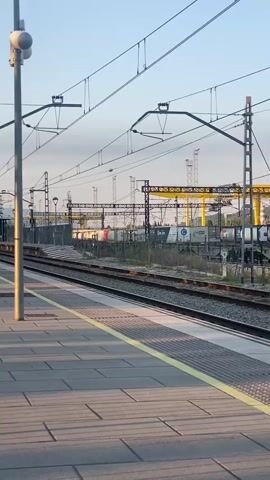 A train passes through a station. The train is white with a purple stripe. The train is on a track. There are overhead wires above the track. The platform is made of grey tiles. There is a yellow line on the platform. The sky is blue. There are buildings in the background.