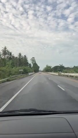 The video shows a point-of-view shot from inside a car driving on a highway. The road is asphalt with white lane markings, and the car is moving forward. On either side of the road, there is lush green vegetation and palm trees under a cloudy sky. In the distance, other vehicles can be seen on the highway. The dashboard of the car is visible at the bottom of the frame.