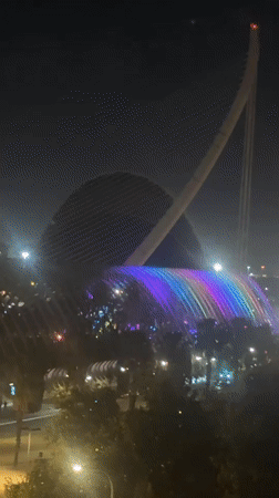 Valencia's City of Arts and Sciences illuminated in rainbow colors