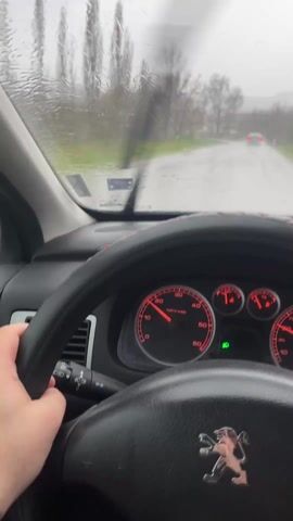 The video captures a first-person perspective from inside a car, driving on a wet, unpaved or rural road during heavy rain. The interior of the car is visible, featuring a black steering wheel with a black and red stitched cover, prominently displaying the Peugeot logo. The dashboard is illuminated in red, showing a speedometer indicating a speed of approximately 20-30 km/h, a tachometer, and an odometer displaying a total mileage of 389,482 km. A green light, likely indicating active headlights or fog lights, is also lit on the dashboard. A digital clock in the center console displays "10:31".

Through the rain-streaked windshield, which is being actively cleared by wipers, a two-lane road can be seen. Tall, bare trees line the sides of the road, suggesting a late autumn or winter season. The road surface is visibly wet from the rain, and a red car is discernible in the distance ahead. The sky is overcast and grey, contributing to the gloomy weather conditions. At the 0:03 mark, the camera briefly pans to the right, showing the passenger side window and the side mirror, both covered in raindrops, further emphasizing the rainy weather. The reflection in the side mirror confirms the wet road and the surrounding bare trees.