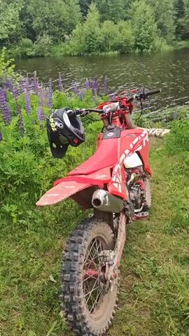 A red and white dirt bike is parked on a grassy bank next to a body of water. A helmet is hanging from the handlebars of the dirt bike. The water is surrounded by lush green trees and some purple flowers are growing in the foreground. The sky appears to be overcast. The video is a still shot with no discernible actions or interactions.