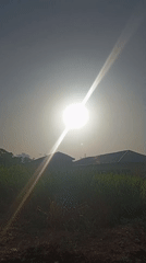 Rural sunlit field with buildings captured on video