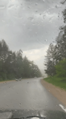 Rainy drive recorded on tree-lined road near Прикамский, Russia