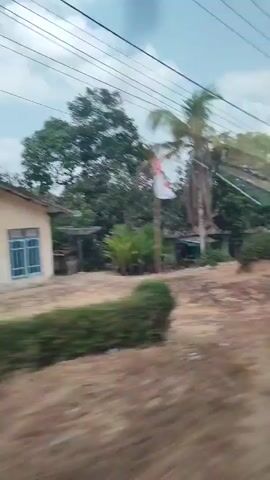 The video shows a blurry, fast-moving view from inside a vehicle. The scenery consists of houses, trees, and a dirt road. The houses appear to be small and simple, with metal roofs. There are also power lines visible in the sky. The movement suggests the vehicle is traveling at a moderate to high speed, causing motion blur. No people are clearly visible, nor are any specific actions or interactions taking place. The environment appears to be a rural or semi-rural area.