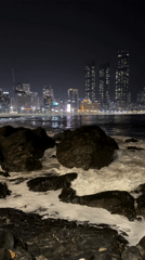 Nighttime beach visitor observes illuminated cityscape in South Korea