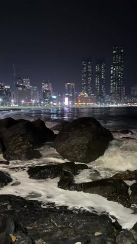 The video depicts a night scene at a beach with a cityscape in the background. The foreground is composed of dark, wet rocks being washed by waves, creating white foam around them. The waves reflect some of the city's lights. In the background, a line of buildings is visible, including several skyscrapers lit up with numerous lights. The sky is dark, indicating it is nighttime. The overall scene suggests an urban beach at night with the sounds of the ocean and the lights of the city providing illumination. There are no people visible in the shot.