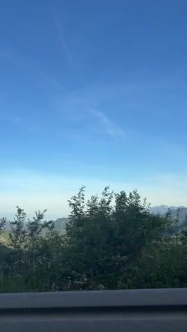 The video shows a moving view from a vehicle's window. The first segment at 00:00 features dense green trees against a clear blue sky with a faint contrail. A white barrier with black lettering is visible at the bottom, displaying "AUTO SLEP" and a phone number starting with "068". The view then shifts to a mountainous landscape in the second segment at 00:01. Rolling green hills are seen under a bright blue sky, with more trees in the foreground and distant hazy horizons. The white barrier with lettering is again visible. The third segment at 00:02 returns to a view of dense green trees against a blue sky, similar to the first segment. The fourth segment at 00:03 shows a wider view of green, undulating hills and mountains under a bright blue sky. There are more trees in the foreground, some appearing taller and sparser than in the previous segments. The fifth segment at 00:04 shows tall, slender trees in the foreground against a backdrop of green hills and a blue sky, with a contrail visible. The perspective remains that of a moving vehicle, likely on a road with a barrier.