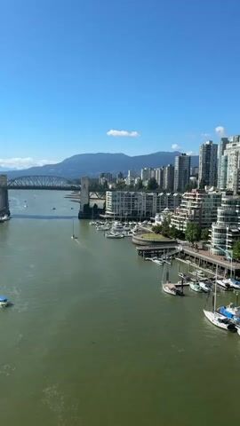 The video begins with an aerial view of a wide, green river, with a large bridge spanning across it in the distance. Tall buildings line the riverbanks, and numerous sailboats and yachts are docked in a marina. The sky is a clear blue with a few wispy clouds. As the video progresses, the camera pans to the right, showing more of the city skyline and a busy marina filled with boats. The perspective then shifts to an overhead view of buildings and a bridge in the distance, followed by a view from a bridge looking down at a street with people and vehicles. The final shot shows a close-up of the bridge railing and a street lamp with banners hanging from it, with a city skyline in the background. The sun is shining brightly throughout the video, casting long shadows.