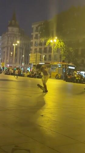 Night skate session in a Barcelona plaza, June 2026