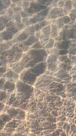 The video shows a top-down view of shallow, clear water flowing over a sandy bottom. The sun's rays refract through the water, creating shimmering patterns of light and shadow on the seabed. The water appears to be very still, with only subtle ripples distorting the light. The seabed itself is composed of fine sand and small pebbles. There are no people or objects visible in the frame, and no actions or interactions are taking place. The environment is that of a calm body of water, possibly a beach or a shallow stream.