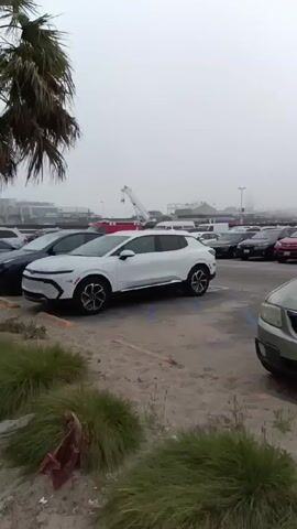 The video shows a parking lot near a beach on a foggy day. Cars are parked in marked spaces, some partially obscured by a palm tree on the left. In the distance, a pier is visible, though its details are softened by the fog. Beach umbrellas can be seen further out. The parking lot surface is sandy. The camera appears to be moving slightly, possibly from someone walking.