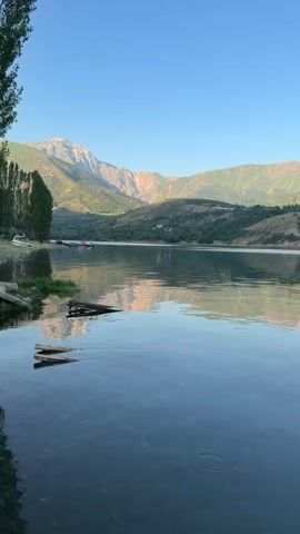 The video pans across a serene lake, reflecting the clear blue sky and the verdant, rolling hills that surround it. In the distance, majestic mountains rise, their peaks catching the warm light of what appears to be early morning or late afternoon. A few scattered trees dot the shoreline, and a small boat can be seen moving across the water. The surface of the lake is calm, with gentle ripples disturbing the otherwise perfect reflection of the landscape. The overall atmosphere is one of tranquility and natural beauty.