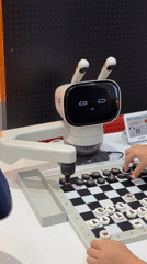 Boy plays chess with smiling robot in Futian District