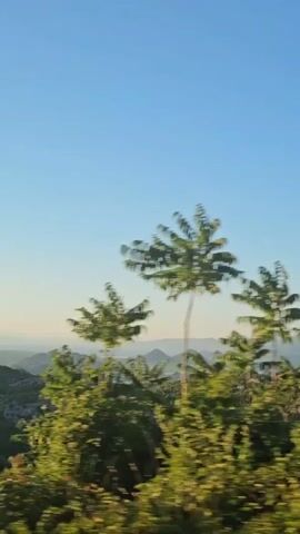 The video shows a moving shot of a hilly landscape under a clear blue sky. The foreground is dominated by dark green trees, some of which are blurred due to motion. In the mid-ground, there are rolling hills covered in lush vegetation, with a body of water visible in the distance between the hills. Further back, more distant hills fade into a hazy horizon. The shot appears to be taken from a moving vehicle, possibly a car, as indicated by the blur and the perspective.