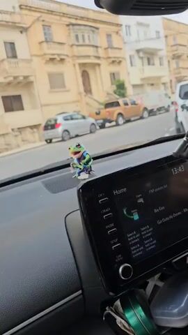 The video shows a street scene from the perspective of the interior of a car. A small, colorful frog figurine is situated on the dashboard in front of the car's infotainment system. The car is driving down a street lined with multi-story buildings of a light-yellow hue. Several parked cars are visible along the street, as well as other vehicles moving in the distance. The sky appears overcast. The infotainment system displays "Home" and various options such as "TRACK," "PHONE," "SETUP," and "TUNE SCROLL" as well as showing FM radio options including "Buy Easy" and "Get Outta My Dream." The dashboard is black.