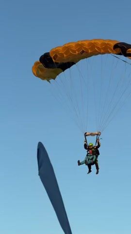 A tandem skydiver, a person with an instructor behind them, descends under a large yellow and black parachute against a clear blue sky. The skydiver and instructor are wearing green and blue jumpsuits respectively, and helmets. As they get closer to the ground, a field of green grass and trees becomes visible in the background. The skydiver and instructor are preparing to land. The video ends with them on the ground.