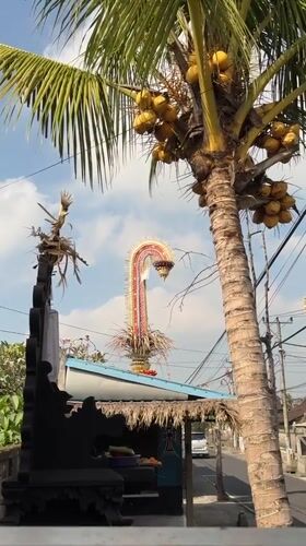 Ornate palm-leaf ceremonial decoration stands along a sunny Ubud street