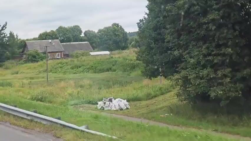 The video shows a rural landscape from a moving vehicle. In the foreground, a metal guardrail runs along the bottom of the frame. Beyond the guardrail, a grassy field stretches out, with a pile of white bags and debris visible on the right side. In the middle ground, a cluster of old wooden houses with dark roofs are nestled among overgrown vegetation and trees. The houses appear weathered and some windows are visible. A wooden utility pole stands in the field near the houses. In the background, rolling hills covered in trees create a natural horizon under a cloudy sky. The overall impression is one of a quiet, somewhat neglected rural setting.