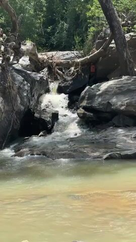 A person in an orange shirt stands on a rock formation near a waterfall. Water cascades down rocks into a pool. Trees and foliage surround the area.