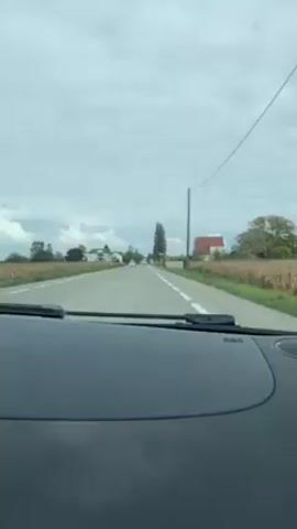 The video shows a car's dashboard view while driving on a straight road. The sky is overcast, and the landscape features fields, trees, houses, and utility poles alongside the road. A few cars are visible in the distance.