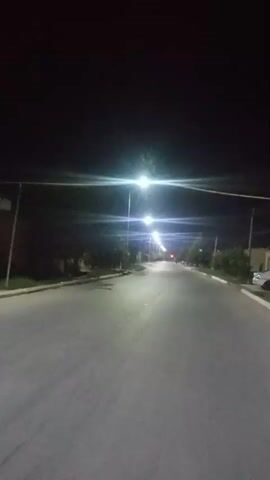 The video shows a view from a moving vehicle on a paved road at night. Streetlights illuminate the road and the sides, which are lined with trees and some buildings. The camera is pointed forward, showing the road stretching into the distance. The sky is dark.