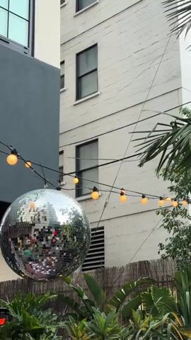 A large mirrored disco ball hangs from wires in an outdoor setting. String lights with orange bulbs are also strung across the scene. In the background, a multi-story building with windows is visible. Lush green foliage and a bamboo fence are in the foreground. The disco ball reflects the surrounding environment. The video is short and features no discernible action or interaction.
