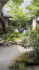 Nighttime leisure scene captured at traditional Kyoto tea garden