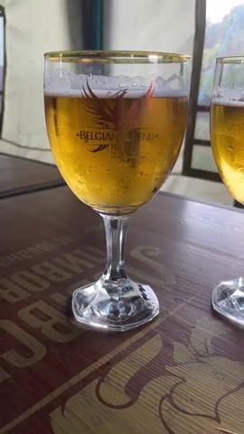 The video shows two glasses of beer on a wooden table. The glass in the foreground is closer to the camera and in focus, with condensation on the outside. The beer is golden in color and has a head of foam on top. The glass has a gold rim and a logo that says "BELGIAN LEGEND". The second glass of beer is visible to the right and is slightly out of focus. The table has a patterned surface with some red and gold elements. The background is blurred, but appears to be an outdoor setting with some tents or canopies and greenery. The lighting suggests it is daytime.