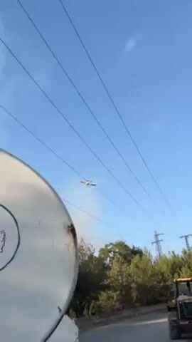 Here is a concise description of the video:

The video shows a small airplane flying in the sky, with trees and a plume of smoke visible in the background. There are also power lines visible in the foreground. The camera is positioned at a low angle, looking up at the plane.