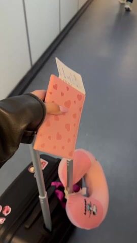 The video depicts a travel scene inside an airport in Mauregard, France.

The initial shot (0:00-0:01) shows a person's hand, wearing a black sleeve, holding a pink passport holder decorated with small heart patterns. Below the hand, a black rolling suitcase is visible, to which a pink neck pillow, adorned with a cartoon character, is attached. The shot is slightly blurred, indicating movement through the space.

The second part of the video (0:01-0:03) transitions to a forward-facing view down a narrow, well-lit corridor. Several individuals are seen walking ahead, away from the camera, carrying luggage. The person closest to the camera wears a light brown jacket and a dark backpack. The corridor features a gray floor and white walls. Advertisements are displayed along the walls, prominently featuring the "TotalEnergies" logo and French text, such as "de toutes les energies" (of all energies). The lighting is artificial, emanating from overhead fluorescent fixtures. The setting strongly suggests an airport jet bridge or an internal walkway connecting parts of a terminal, with travelers moving from one point to another.